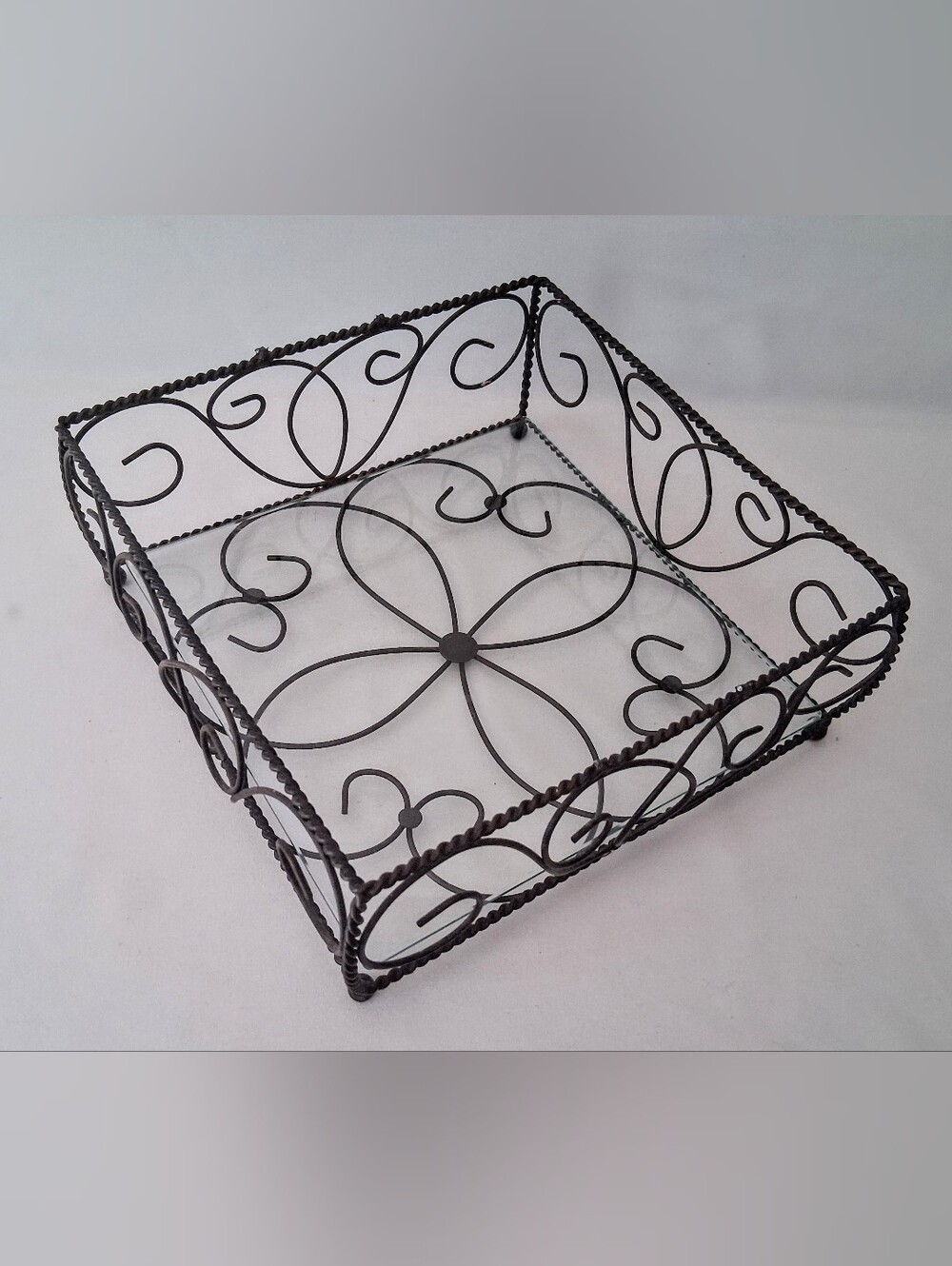 Vintage  Braided Iron Basket/Tray - Removable Glass Bottom
